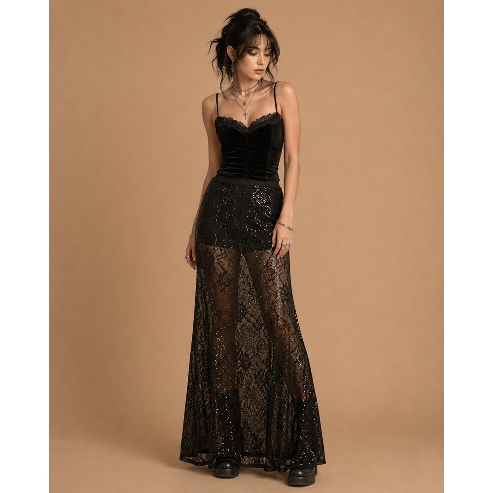 Black Sheer Lace Maxi Skirt Whimsygoth Sequin Gothic Fairy Grunge Y2K Small NWT